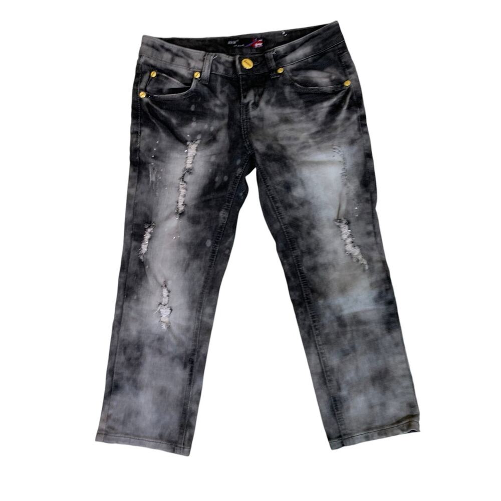WHM Girls Size 25 Jeans Black Acid Wash Denim Distressed Mickey Mouse Bling Logo